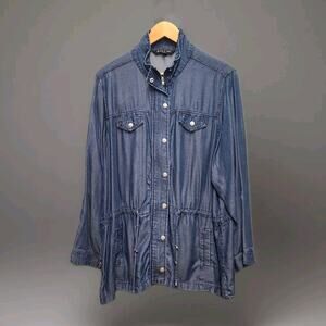 Baccini Blue Chambray Zip Button Cinch Waist Roll Tab Sleeve Jacket Size 1X